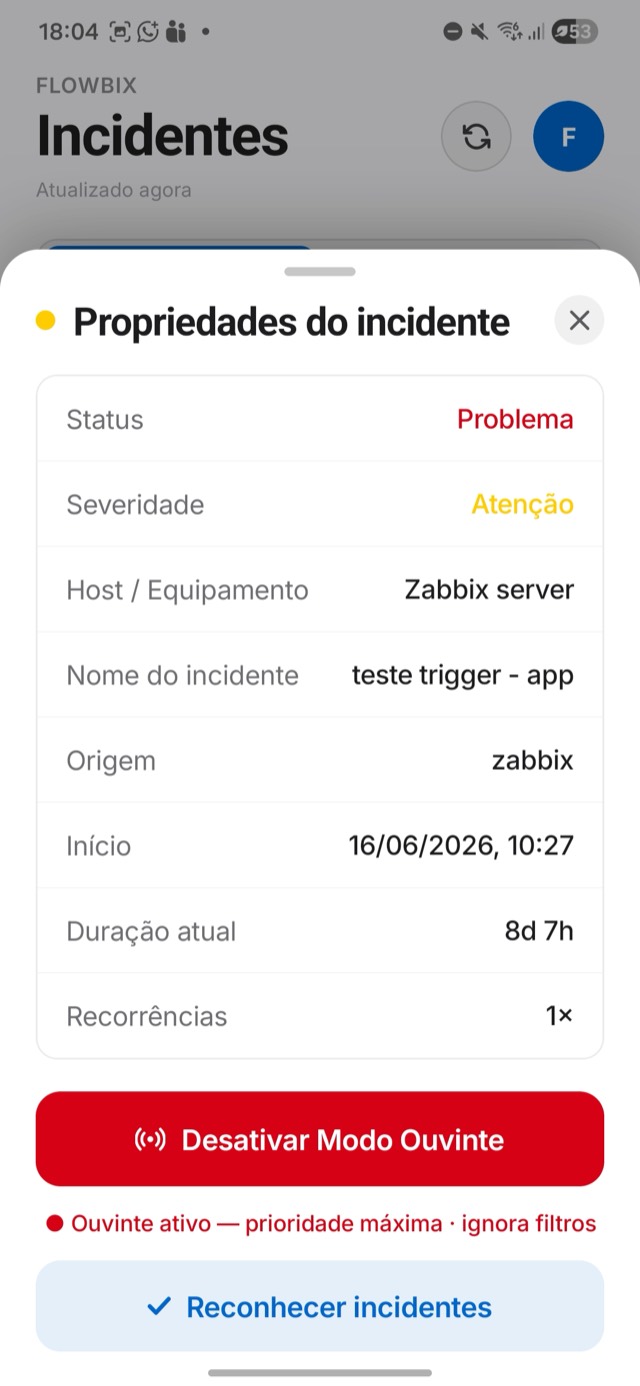 Detalhe do incidente no Sentrya com opção de reconhecer (ACK)