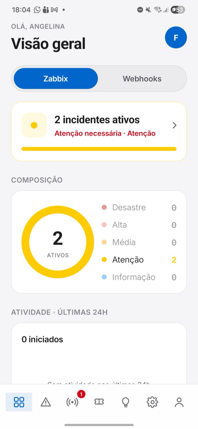 App Sentrya no Android com resumo de incidentes ativos e severidade