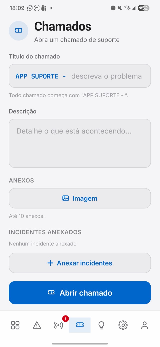 Abertura de chamado de suporte no app Sentrya
