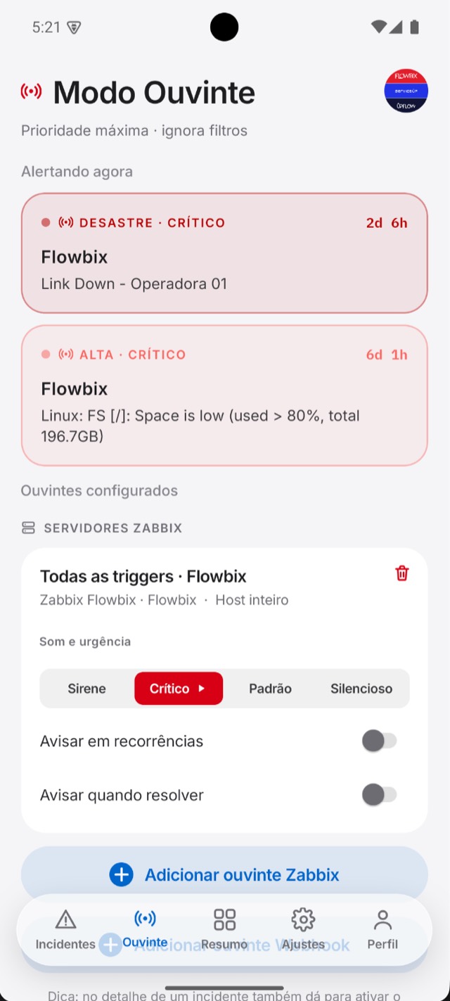 Tela do Modo Ouvinte do Sentrya com alertas críticos e som de sirene